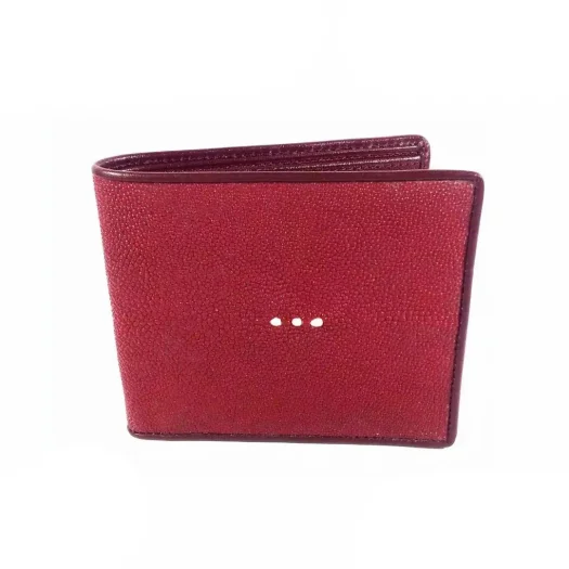 Mool Leather Men’s Stingray Leather Bifold Wallet in Maroon with Three-Pearl Crown Detail