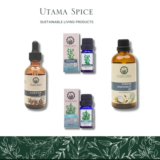 Utama Spice Hair Restoration Bundle: Castor Oil, Pure VCO, Mint Essential Oil, and Rosemary Essential Oil