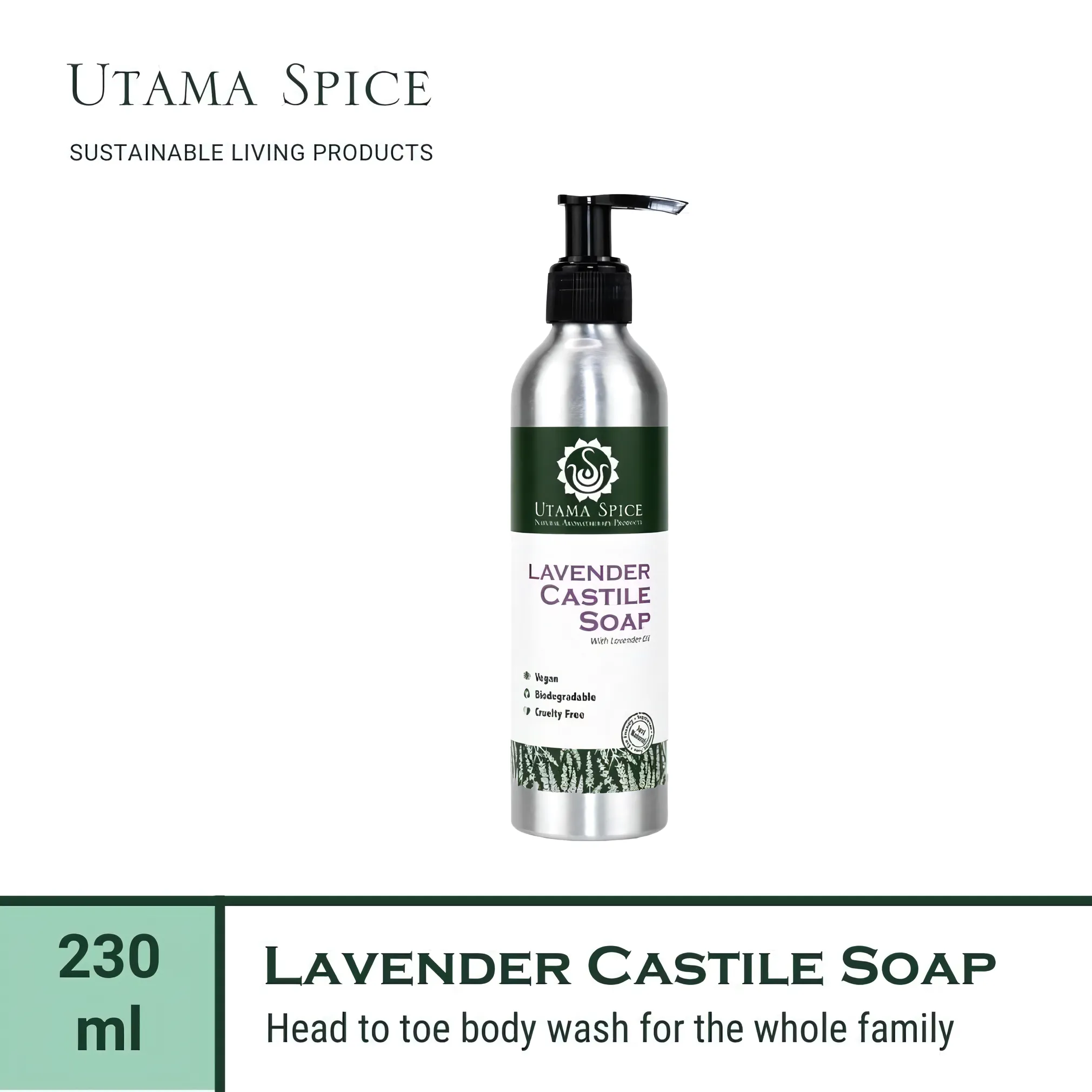 Utama Spice Lavender Castile Soap in Eco-Friendly Aluminum Bottle, 230 mL