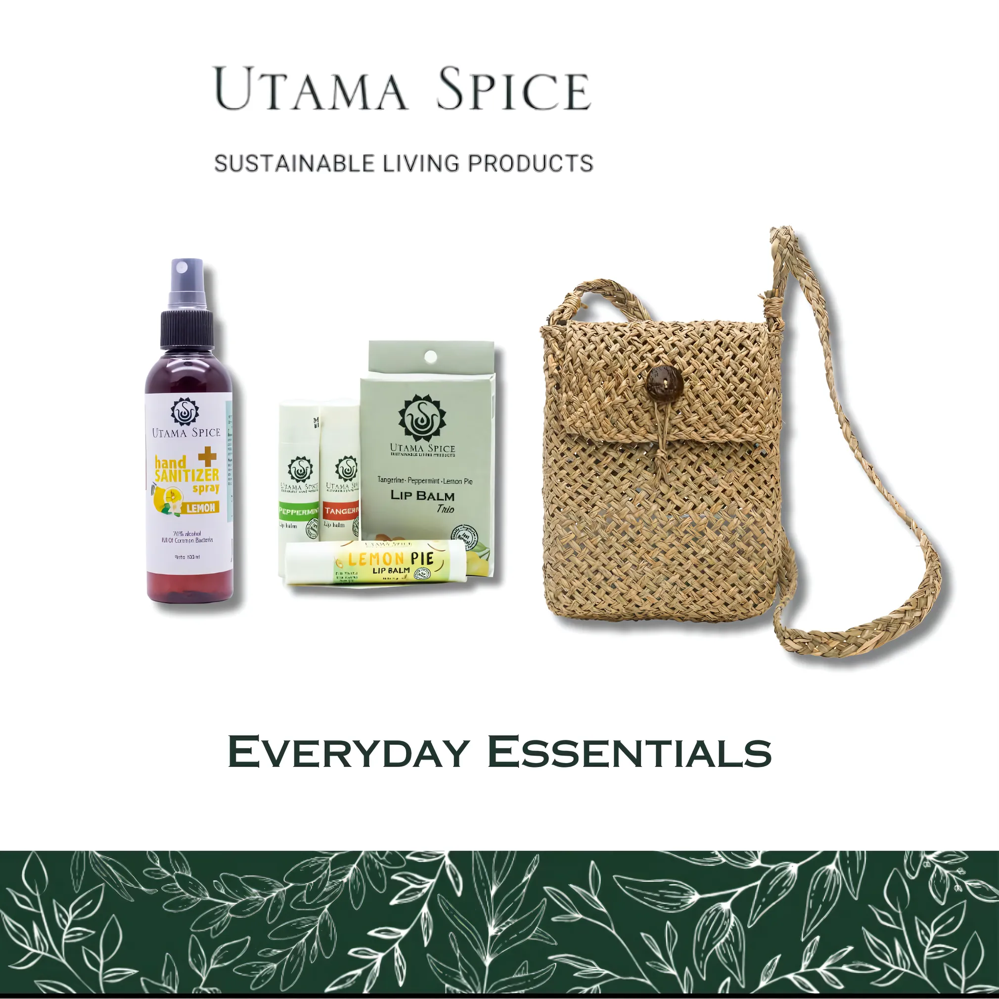 Utama Spice Everyday Essentials: Lip Balm Trio (Lemon Pie, Peppermint, Tangerine) + Hand Sanitizer Set