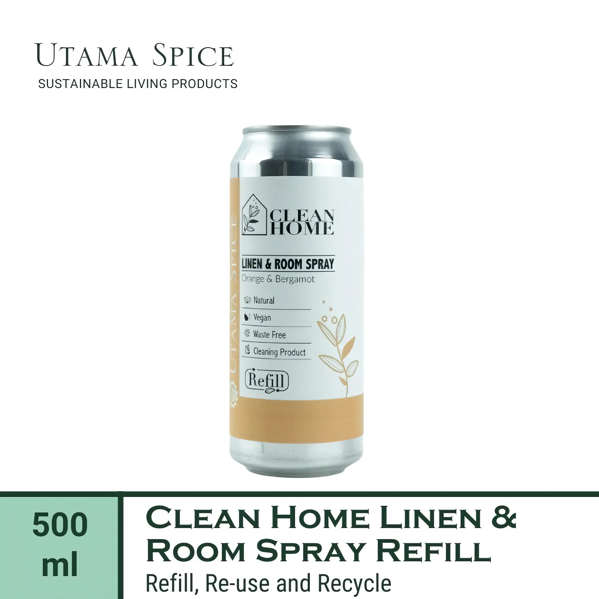 Utama Spice Clean Home Linen & Room Spray Refill in Eco-Friendly Aluminum Can, Orange & Bergamot, 500 mL