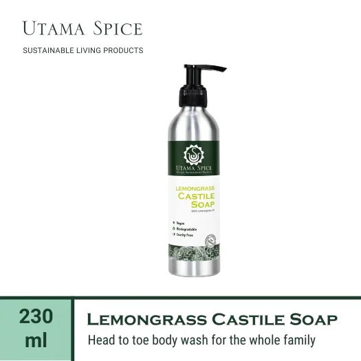 Utama Spice Lemongrass Castile Soap in Eco-Friendly Aluminum Bottle, 230 mL