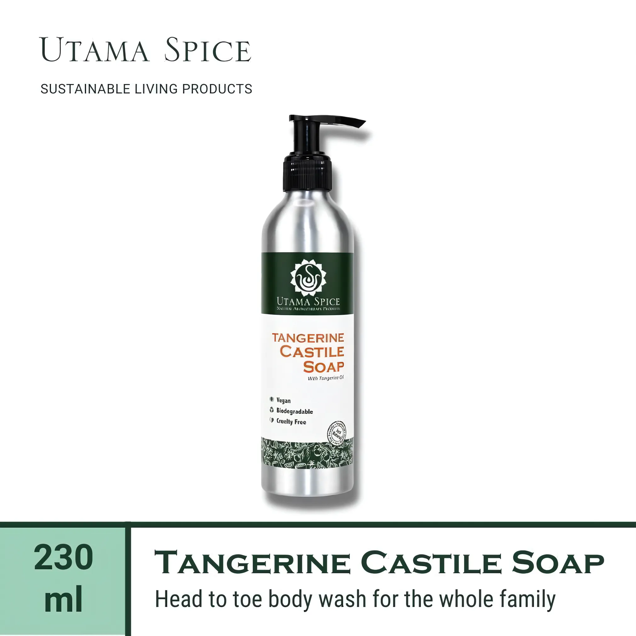 Utama Spice Tangerine Castile Soap in Eco-Friendly Aluminum Bottle, 230 mL