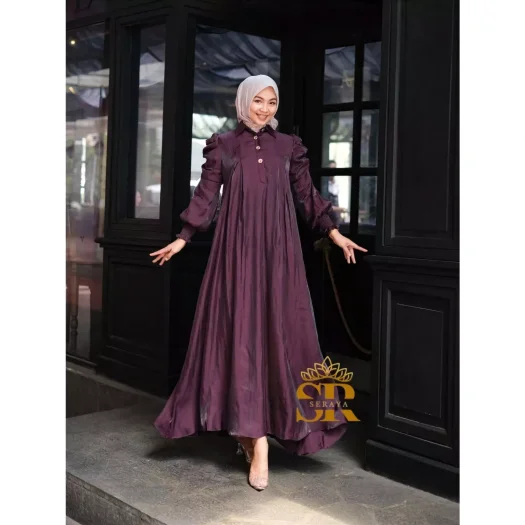 Elegant Arumi Laila Shimmer Dress for Women: Front Button, Long Balloon Sleeves, Luxurious Solid Design