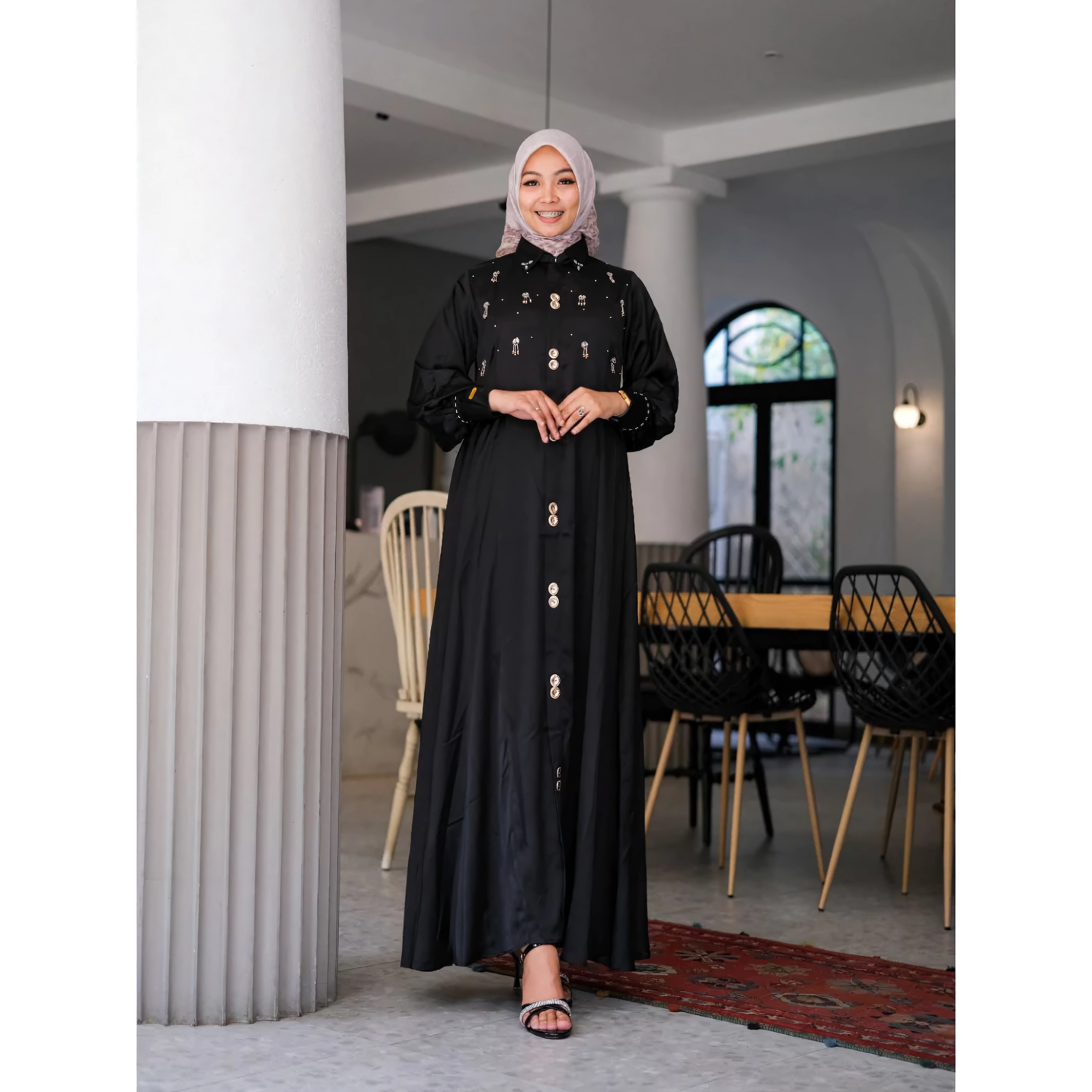 Khalila Dress: Premium Kaiya Satin Gamis – Cool, Luxurious, Handmade with Full Action Buttons, Wudhu and Nursing Friendly
