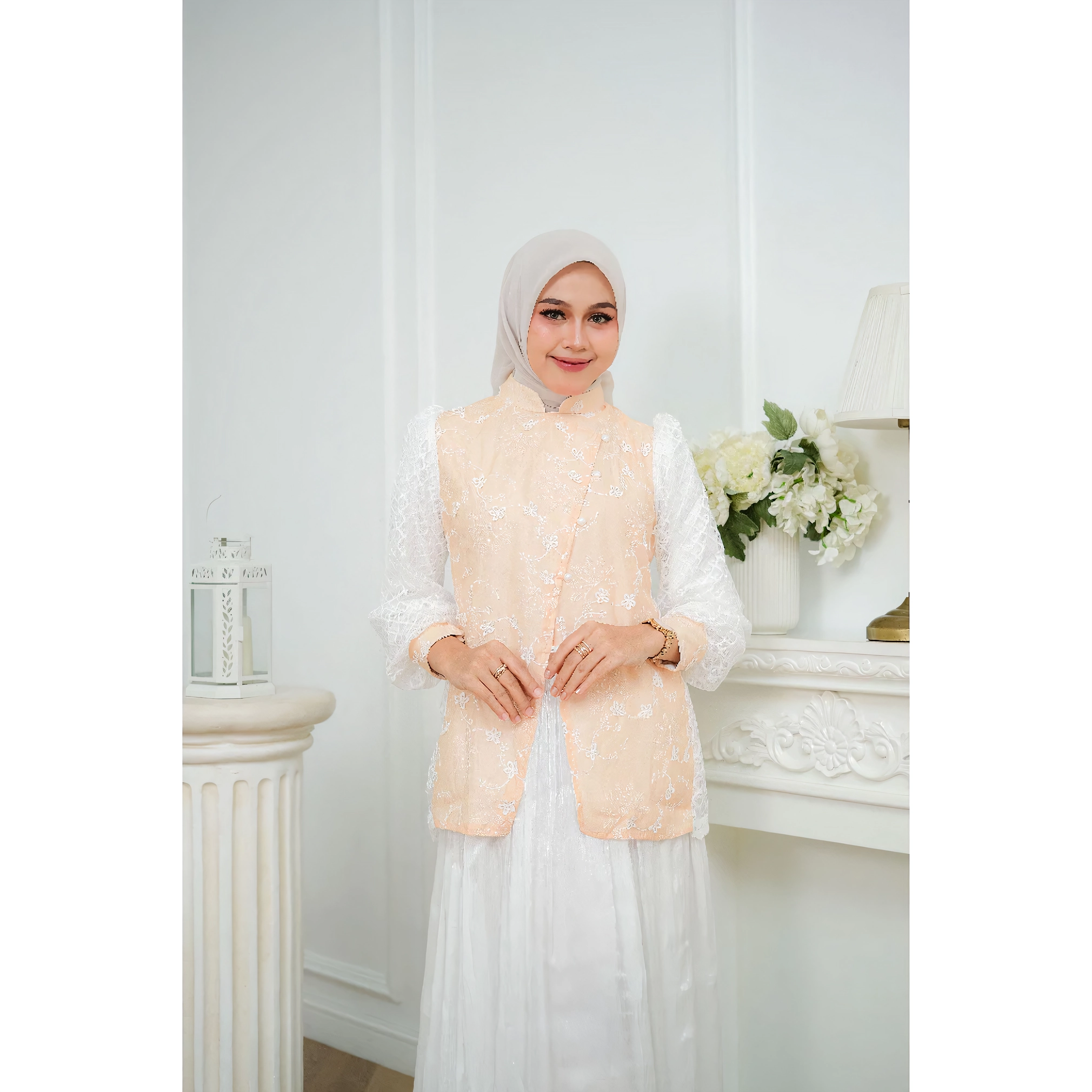 model kebaya dress modern Full embellished Modern Kebaya in white (sleeveless inner/ long-sleeved inner for hijab included)