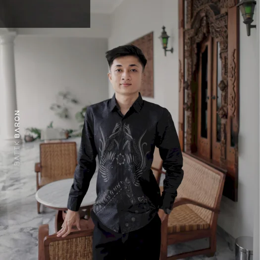 Batik Baron Men’s Long Sleeve Slimfit Premium Batik Shirt with Full Lining (Cool, Smooth, Soft Fabric) – Black Sabda