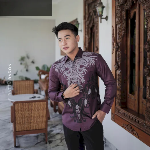 Batik Baron Wijaya Burgundy Slimfit Long Sleeve Batik Shirt – Smooth, Soft, Cool